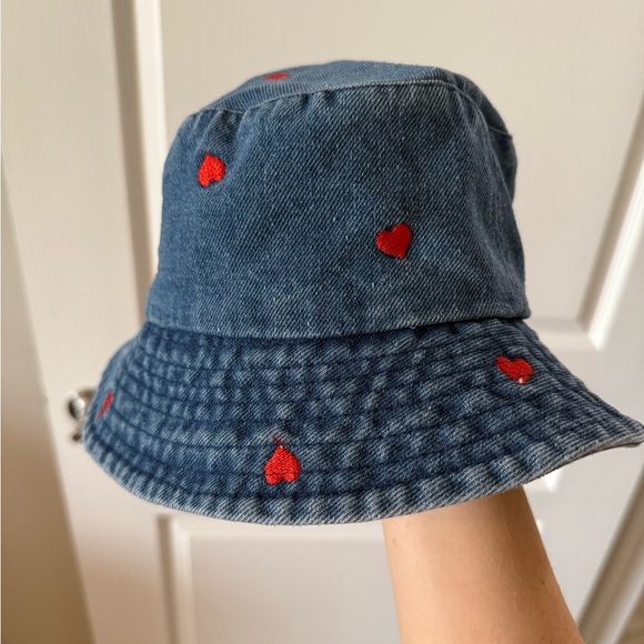 Anthropologie Denim Heart Embroidered Bucket Hat - Picture 3 of 6